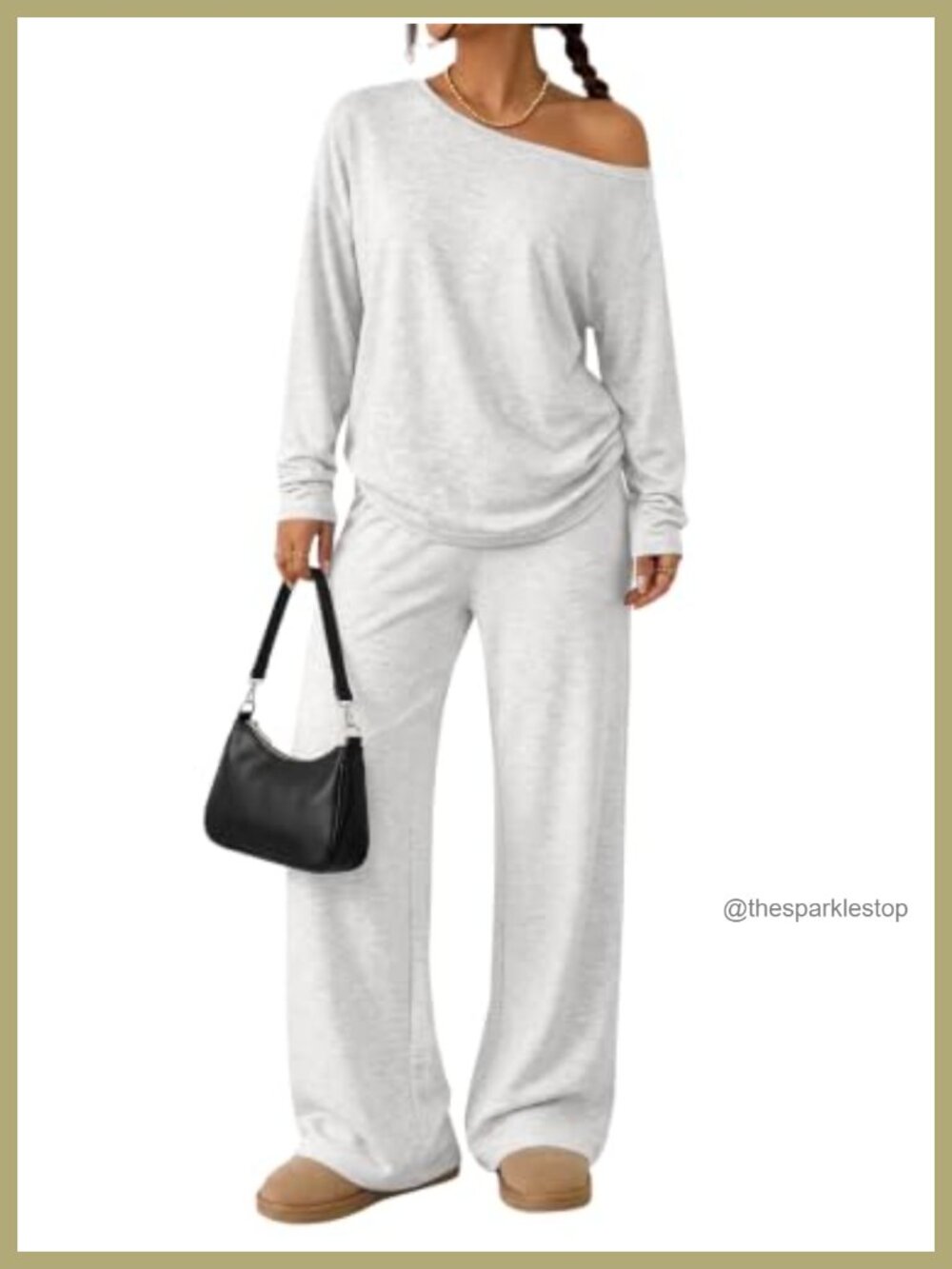 2 Piece Lounge Set Off Shoulder Oversized Top Wide Leg Pants Rayon Spandex